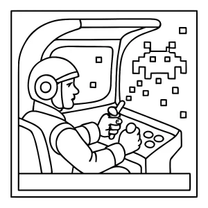 Retro arcade pilot shooting pixels coloring page with classic video game spaceship and pixel enemies for kids to color.