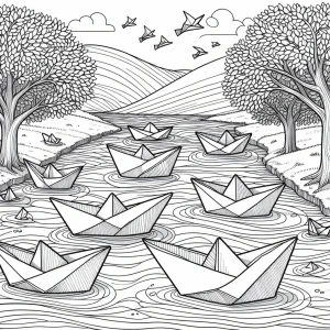 River scene with floating paper boats carrying wishes