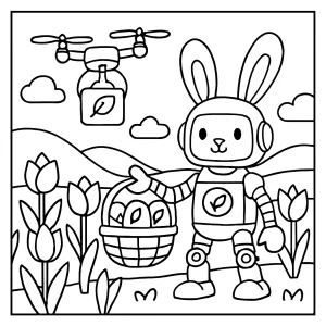 Robot bunny delivering eco-eggs by drone in tulip valley coloring page