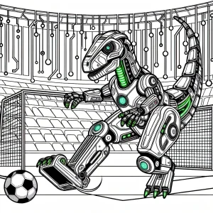 Robot dinosaur goalie stops a soccer ball in a neon cyber stadium