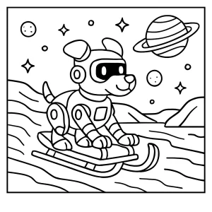 Robot dog sledding on ice planet coloring page for free printable fun