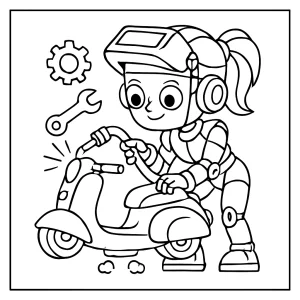 Robot mechanic girl welding hover scooter coloring page for free printable fun