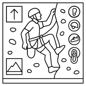 Rock climbing tactical diagram coloring page showing an athlete, climbing route, and equipment for kids to color