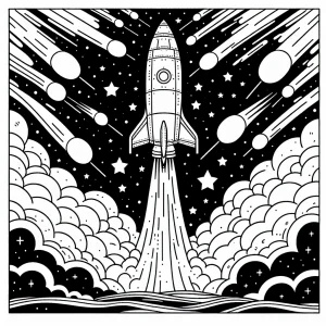 Rocket launching with fiery exhaust trails coloring page