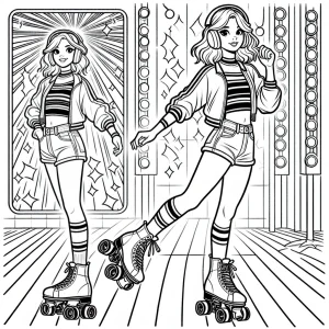 Line drawing of a roller-skating girl in a 90s outfit under neon disco lights