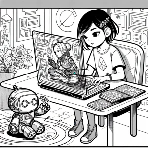 STEM girl coding at a futuristic laptop with a robot