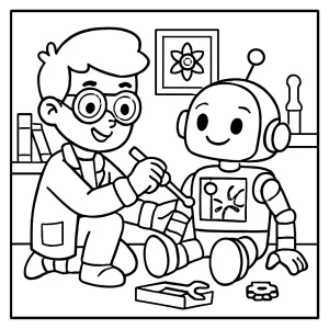 STEM inventor fixing friendly robot coloring page – free printable activity for kids