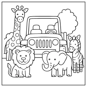 Safari jeep photo booth coloring page with cardboard animal cutouts for kids to print and color