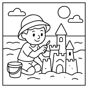 Sandcastle architect coloring page featuring a child sculpting a detailed castle on the beach, printable and free for kids.