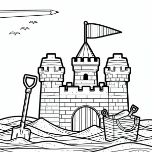 Sandcastle with flag and shovel coloring page