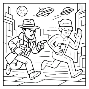 Sci-fi detective chasing hologram thief coloring page, free printable for kids and adults