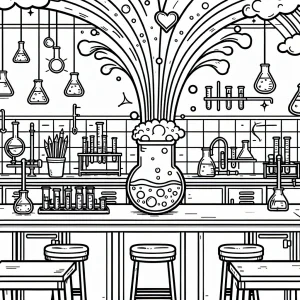 Science beaker bubbling with rainbow steam in a classroom lab setting coloring page