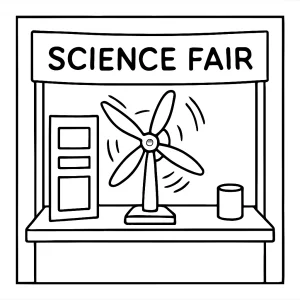 Science fair booth with homemade wind turbine spinning coloring page for free printable
