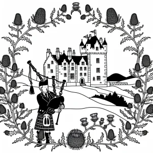 Scottish highland castle with bagpiper and thistle frame coloring page