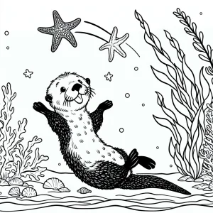Sea otter juggling starfish while floating among kelp forests