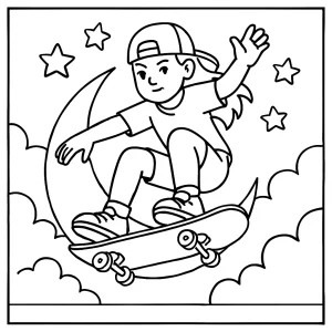 Skateboarder girl jumping over crescent moon coloring page for free printable fun