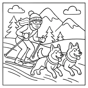Skier girl racing with husky dogs coloring page for kids to print and color