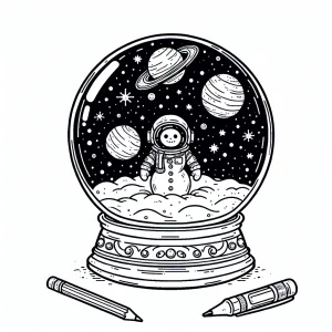 Astronaut snowman inside a galaxy-themed snow globe coloring page