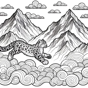 Snow leopard cub leaping between mountain peaks with swirling clouds framing the scene.