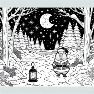 Capybara Santa walking on a lantern-lit path in a snowy forest night