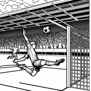 Soccer player scoring a goal in a packed stadium coloring page