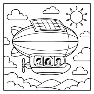 Solar Airship Cruise Adventure coloring page with a futuristic airship powered by solar panels, designed for kids to color.