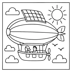 Solar Airship Cruise coloring page featuring a futuristic airship floating above the clouds, printable for free coloring fun.