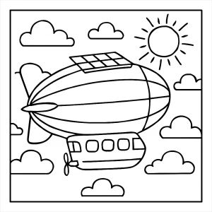 Solar Airship Cruise coloring page with a futuristic airship, clouds, and mountains for kids to color