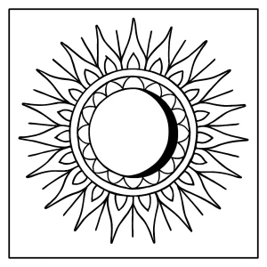 Solar eclipse mandala coloring page with moon silhouette and radiant corona rays, free printable for kids and adults.
