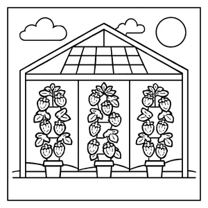 Solar-panelled greenhouse with vertical strawberry towers coloring page, printable for kids