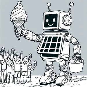 Outline of a solar-powered robot serving ice cream cones to a happy crowd on a sandy beach.