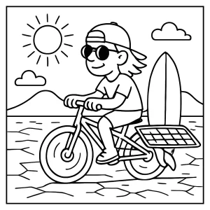 Futuristic solar surfboard bike hybrid racing on desert salt flats coloring page