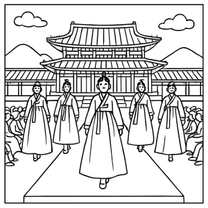 Hanbok fashion show in royal palace courtyard coloring page with models in traditional Korean dresses