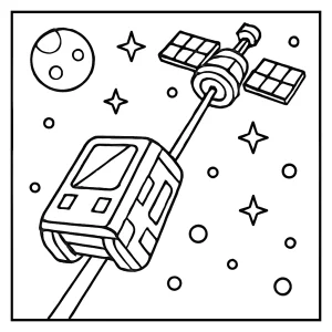Space elevator climber vehicle ascending tether toward orbital station coloring page