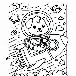 Cartoon puppy piloting a rocket ship in outer space coloring page