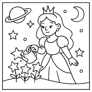 Space princess watering star flowers coloring page featuring a cosmic garden and magical outer-space scene for kids to print and color.