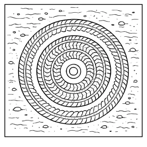 Martian rover tracks forming a circular mandala on Martian soil coloring page