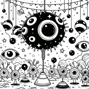 Space-themed party with rocket piñata and alien guests coloring page