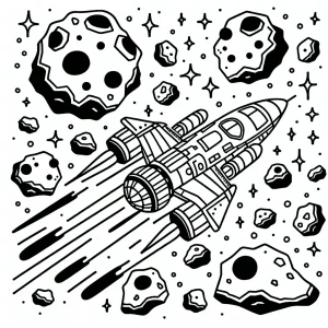 Spaceship dodging asteroids in outer space coloring page