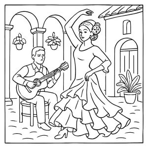 Flamenco courtyard dance coloring page showing a dancer in a Spanish courtyard