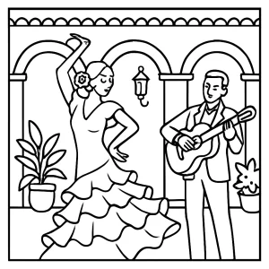Flamenco dancers in a Spanish courtyard coloring page for free printable