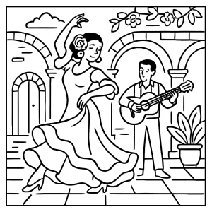 Flamenco courtyard dance Spain coloring page showing a dancer in a Spanish courtyard