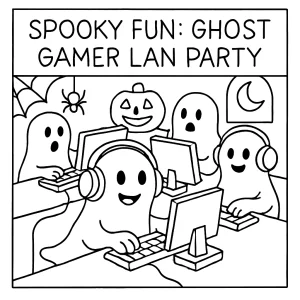 page de coloriage de fantômes à une LAN party jouant à des jeux vidéo sur ordinateur