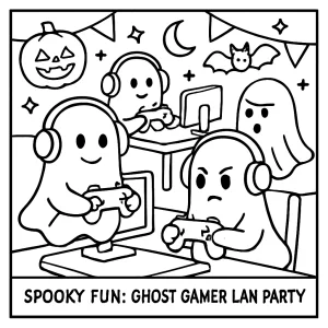 Ghost gamer LAN party coloring page with friendly ghosts at computers, free printable activity for kids