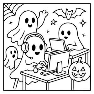 Spooky ghost gamer LAN party coloring page with playful ghosts and gaming setup