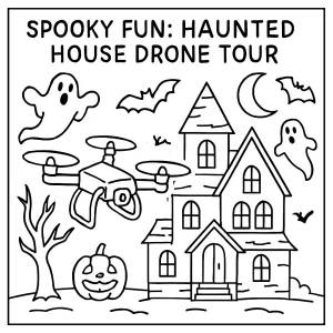 Haunted House Drone Tour coloring page with ghosts, spooky rooms, and Halloween decorations for kids to print and color.
