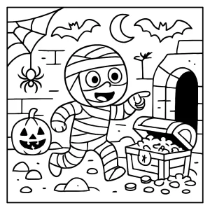 Spooky mummy treasure hunt coloring page for kids to print and color for free