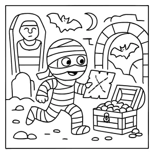 Spooky mummy treasure hunt coloring page featuring a mummy searching for hidden treasures in a mysterious tomb, perfect for kids to print and color.