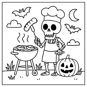 Skeleton Chef Barbecue coloring page showing a spooky skeleton chef grilling at a barbecue, perfect for kids to print and color.