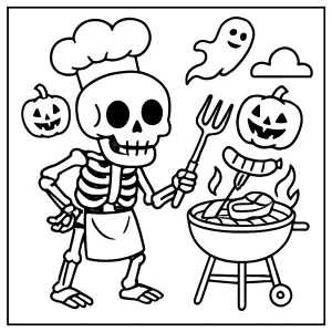 Skeleton Chef Barbecue coloring page showing a skeleton chef grilling food, printable activity for kids